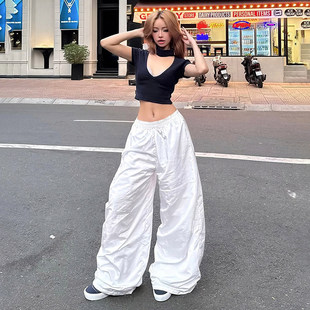 美式 女舞蹈低腰休闲长裤 辣妹 显瘦白色梭织裤 简约阔版 ROCKMORE
