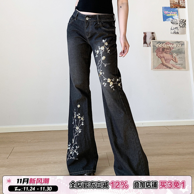 植物刺绣修身显瘦喇叭牛仔裤