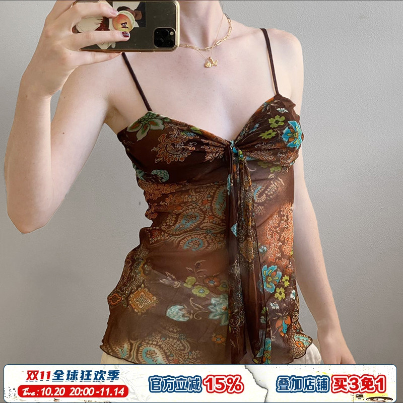 古着感腰果花印花撞色褶皱小吊带