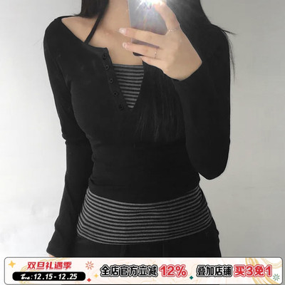 假两件拼接撞色条纹长袖T恤女
