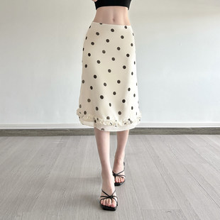 小波点木耳边拼接半身裙辣妹修身 法式 中长裙 优雅复古 ROCKMORE