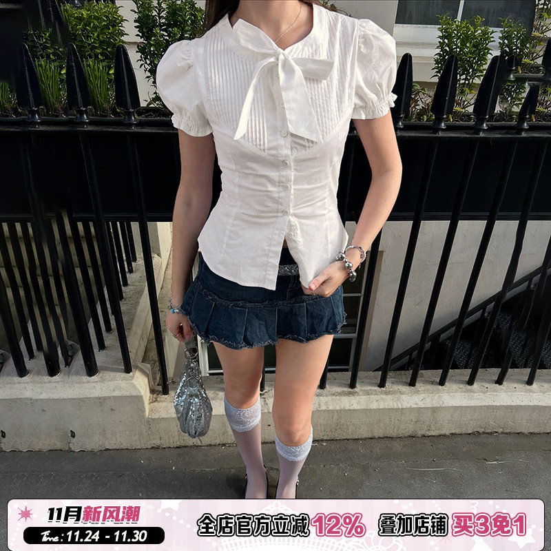 白色重工蝴蝶结单排扣收腰衬衫