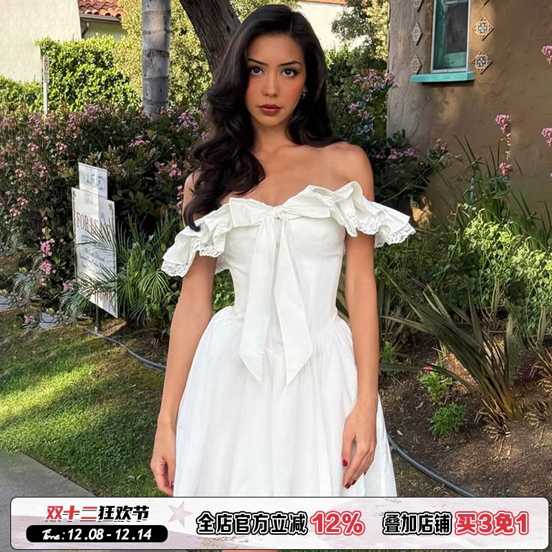 法式蝴蝶结蕾丝拼接一字肩A字裙