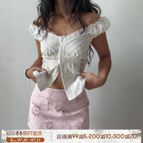 蕾丝镂空白色泡泡短袖衬衫
