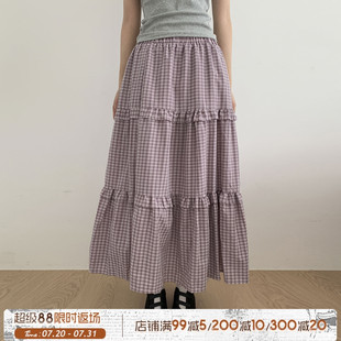 韩系文艺 ROCKMORE 甜美少女大摆木耳边半长裙学院风粉色格子裙
