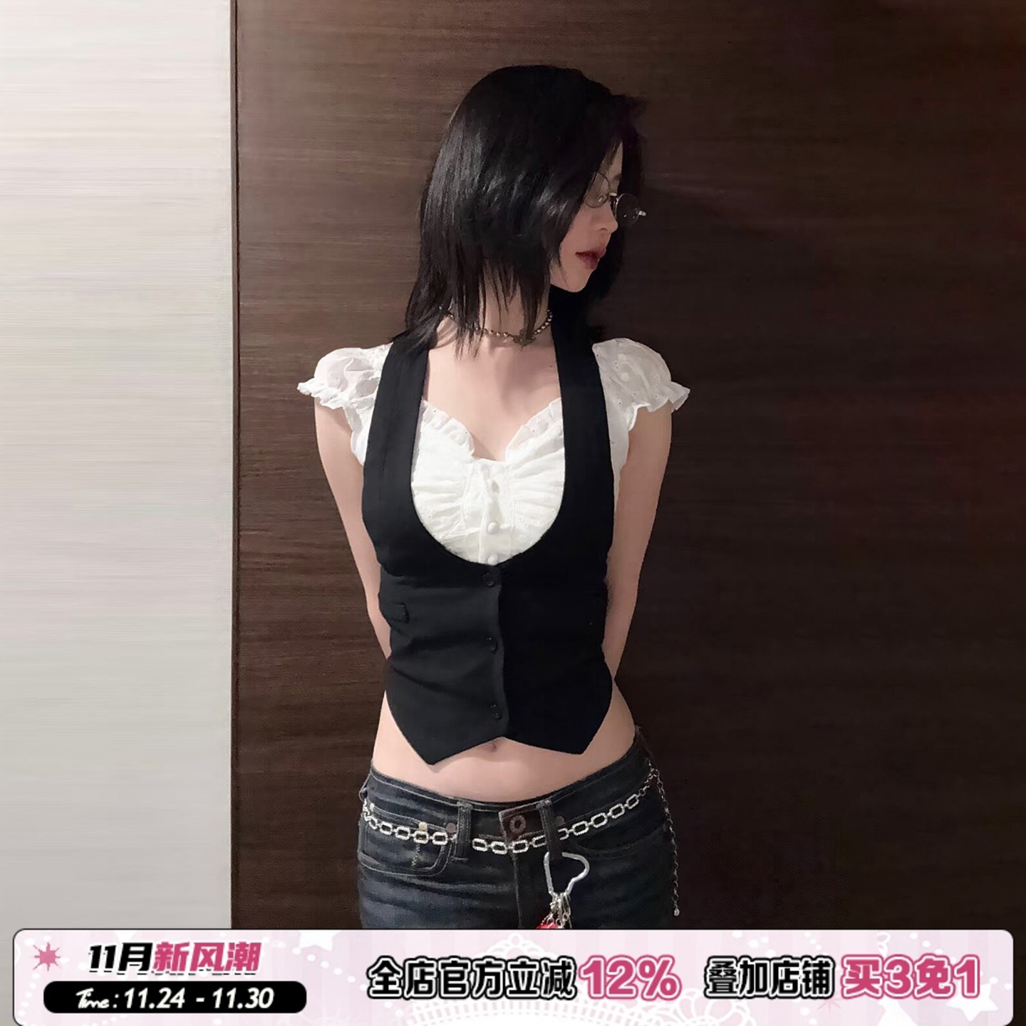 学院风撞色假两件拼接短袖T恤夏