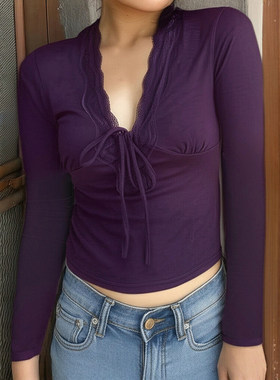 ROCKMORE【复古法式】紫色蕾丝拼接V领长袖T恤性感深V系带上衣女