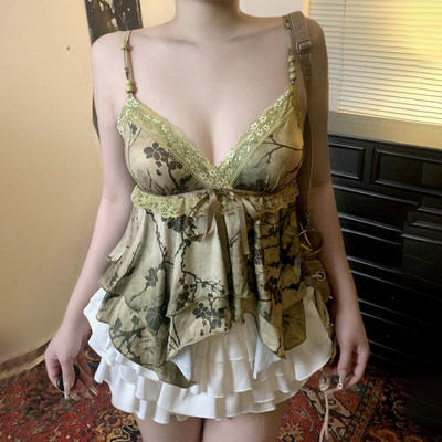 植系印花蕾丝拼接串珠吊带绿色