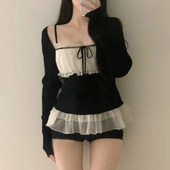 套装 ROCKMORE 长袖 开衫 纯欲辣妹 黑白撞色拼接少女感内搭吊带