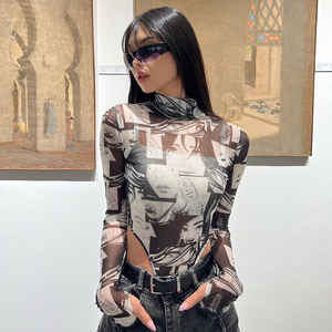 ROCKMORE【漫画感人像】创意个性印花网纱长袖连体衣小众高领T恤