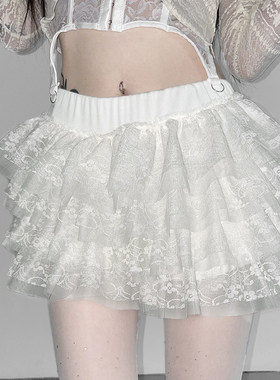 ROCKMORE【甜欲公主】蕾丝拼接蓬蓬多层蛋糕裙初恋感白色针织半裙