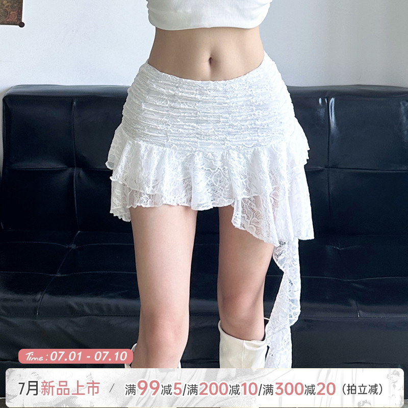 法式荷葉邊不規則下擺飄帶半身裙