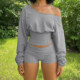 卫衣 灰色斜肩收腰长袖 休闲 紧身瑜伽短裤 ROCKMORE 两件套 美式