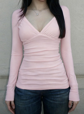 ROCKMORE【美式甜心】粉色深V领低胸辣妹长袖T恤女褶皱打底衫上衣