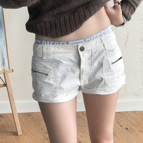 vibe低腰拉链白色工装短裤