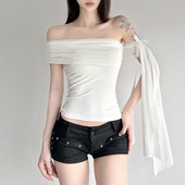 斜肩蝴蝶结飘带设计短袖 ROCKMORE 极简气质 T恤纯色显瘦上衣夏