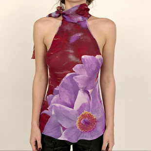 ROCKMORE 紫色花卉印花露肩围脖绑带背心清冷气质吊带 花样古早