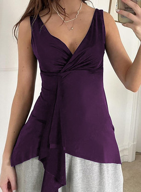 ROCKMORE【古典韵味】紫色交叉胸型褶皱背心女不规则下摆飘带上衣