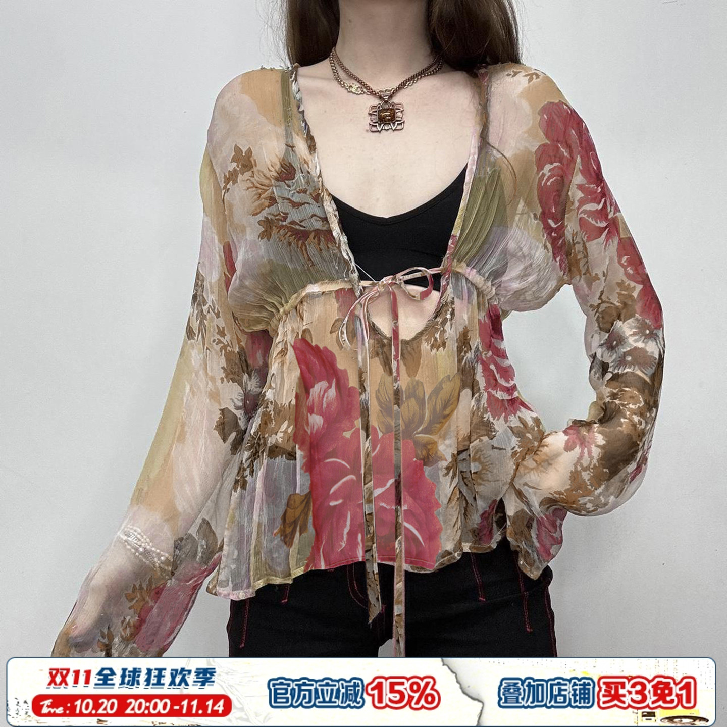 ROCKMORE【中古气质】vintage花卉印花轻薄雪纺衫性感V领系带罩衫