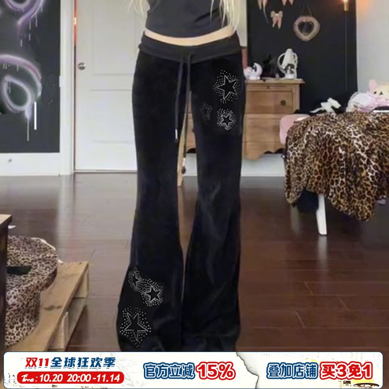 复古星星烫钻镂空螺纹腰头丝绒裤