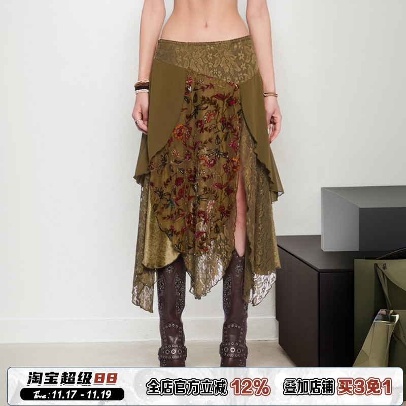 复古vintage印花蕾丝拼接半身裙