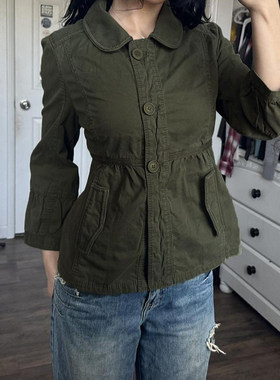 ROCKMORE【古早森系】军绿色复古娃娃领工装上衣系带收腰少女外套