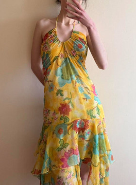 ROCKMORE【夏日花卉】抽褶挂脖不规则黄色吊带裙荷叶边度假风长裙