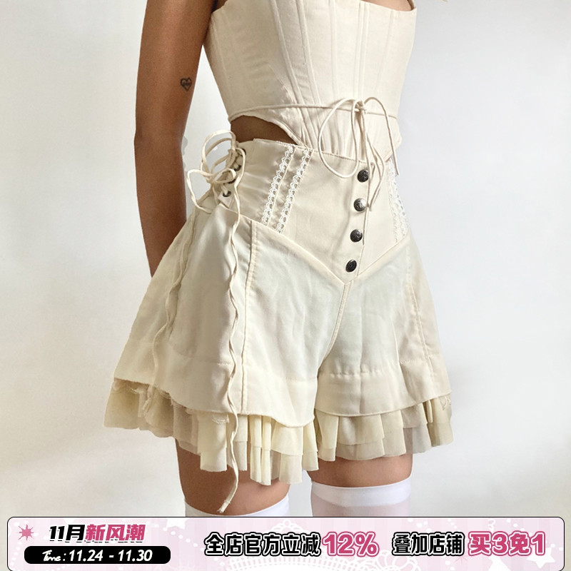 自然腰法式少女短裤荷叶边