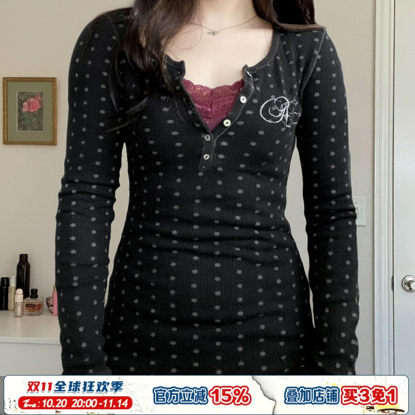 ROCKMORE【日系复古】黑色圆领波点元素长袖T恤女 修身显瘦打底衫