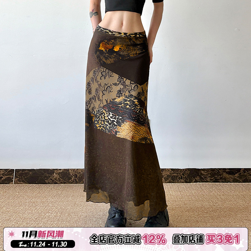 棕色复古网纱半裙vintage印花