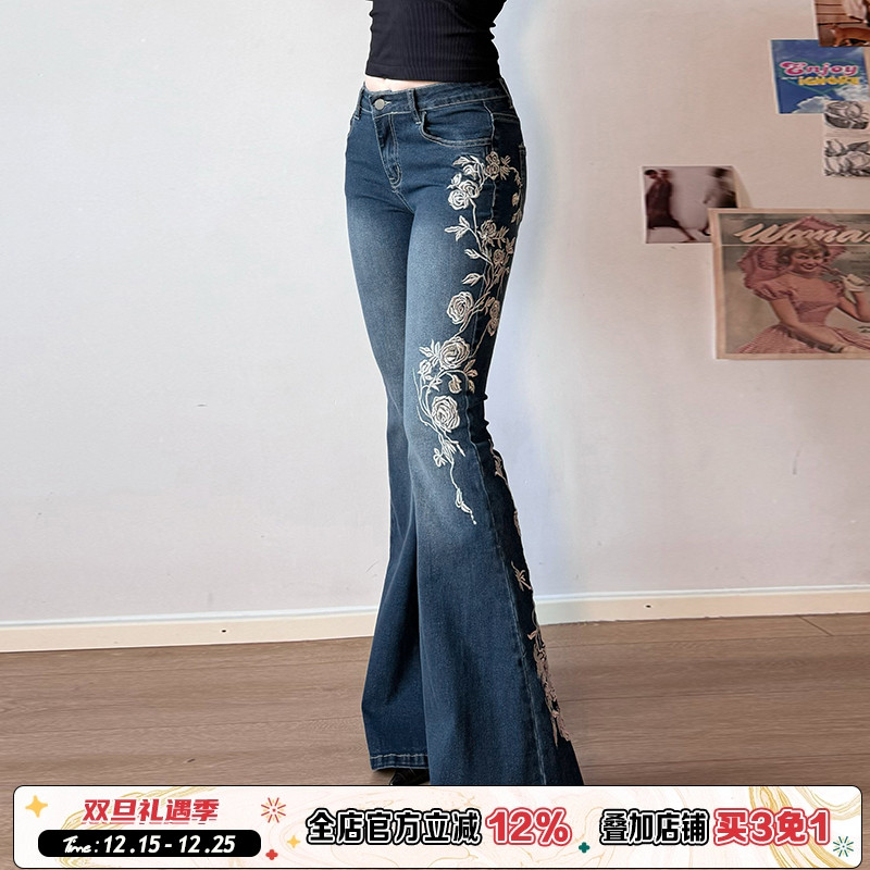 ROCKMORE【古着艺术】vintage玫瑰刺绣修身牛仔裤蓝色显瘦喇叭裤