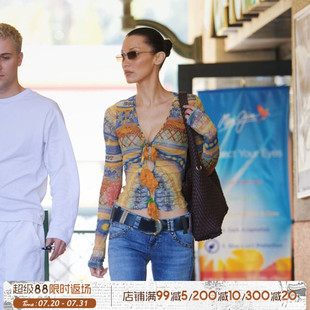 上衣波嬉風(fēng)性感開衫 ROCKMORE bella同款 民族風(fēng)印花V領(lǐng)網(wǎng)紗長袖