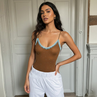 打底衫 ROCKMORE 瑜伽修身 波点蕾丝拼接V领吊带连体衣 热辣性感