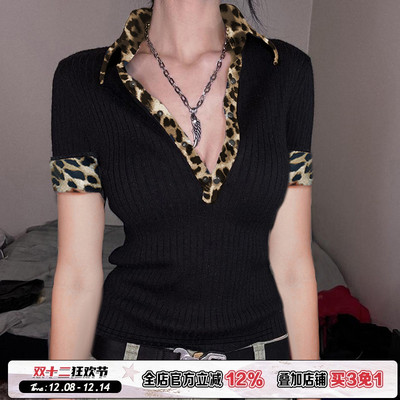 豹纹拼接撞色翻领短袖T恤