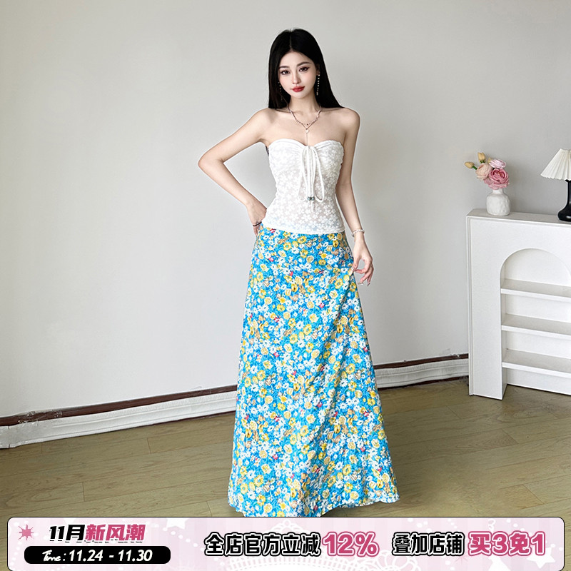 绑带半身裙+白色系带褶皱抹胸