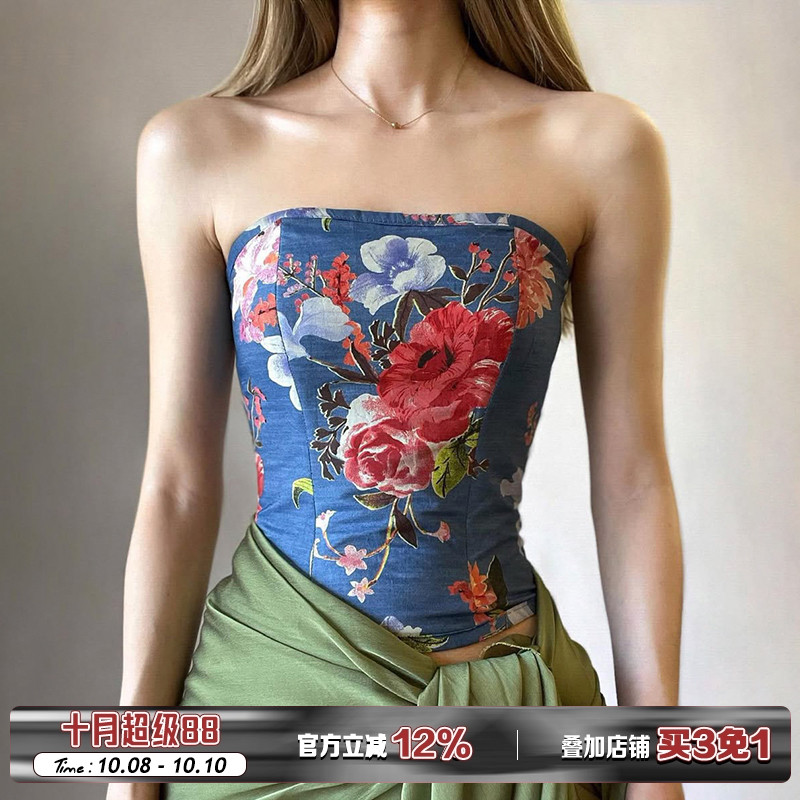 复古花卉印花蓝色抹胸