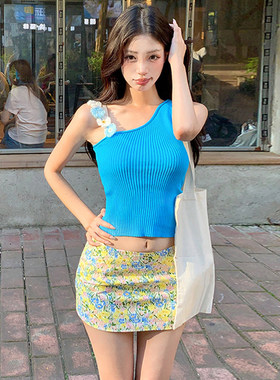 ROCKMORE【清凉感夏日】多巴胺蓝色露肩辣妹吊带甜辣风露脐短上衣