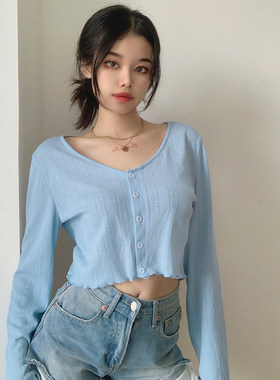 ROCKMORE小清新春夏蓝色针织薄款小开衫女排扣宽松短款长袖防晒衣