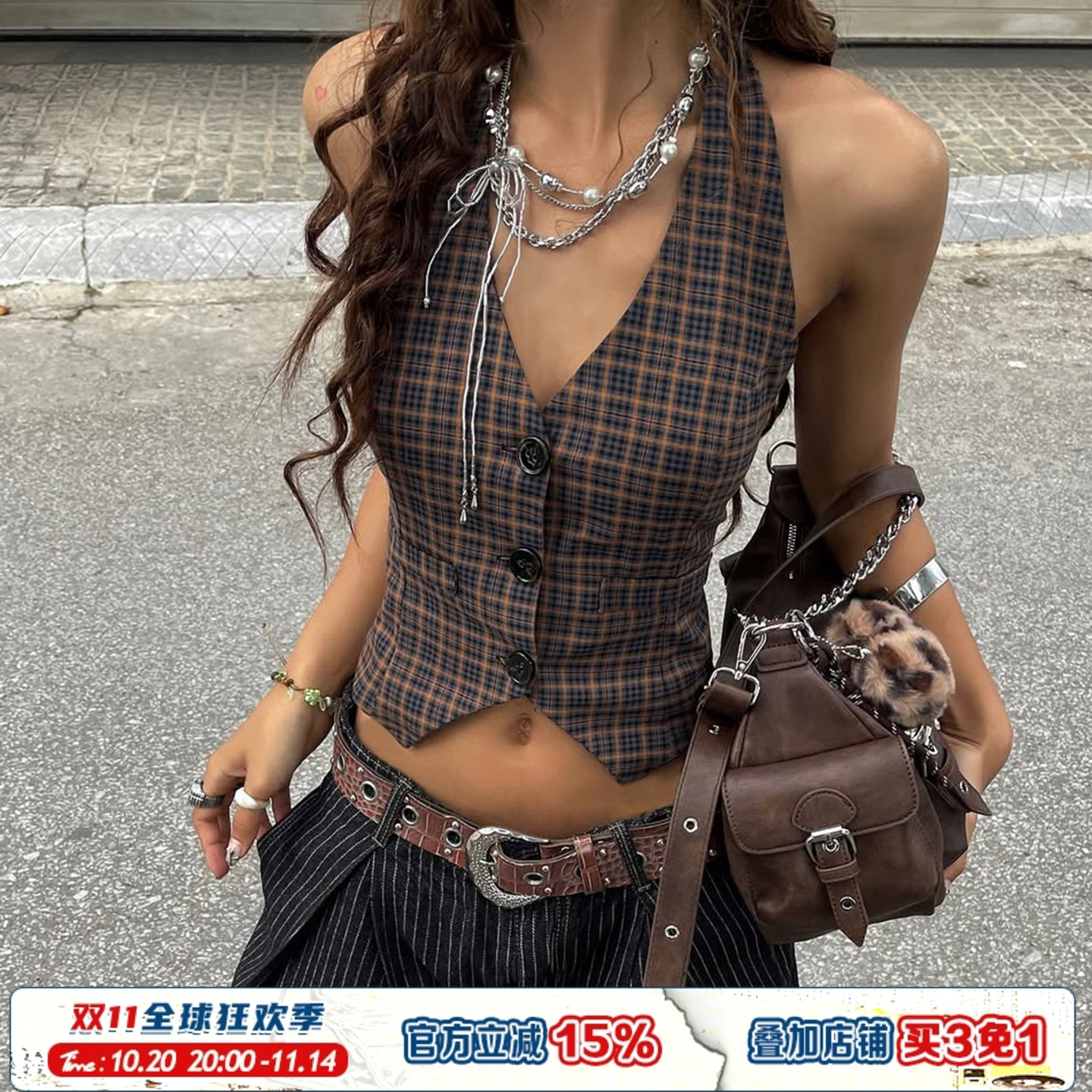 气质复古格子拼接深V领马甲背心