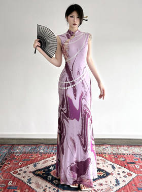 ROCKMORE【国风雅韵】艺术感抽象印花韵味紫色连衣裙新中式旗袍夏