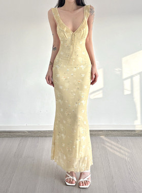 ROCKMORE【南法花园】度假风黄色碎花吊带连衣裙女收腰显瘦鱼尾裙