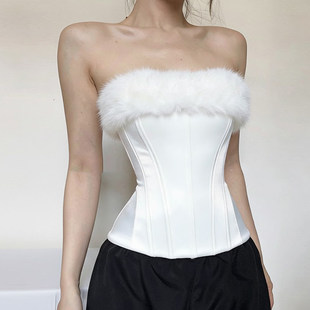 白色毛毛拼接束腰修身 浪漫 抹胸女设计感内搭上衣 冬季 ROCKMORE