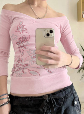 ROCKMORE【古早甜系】粉红色V领复古印花长袖T恤vintage少女上衣