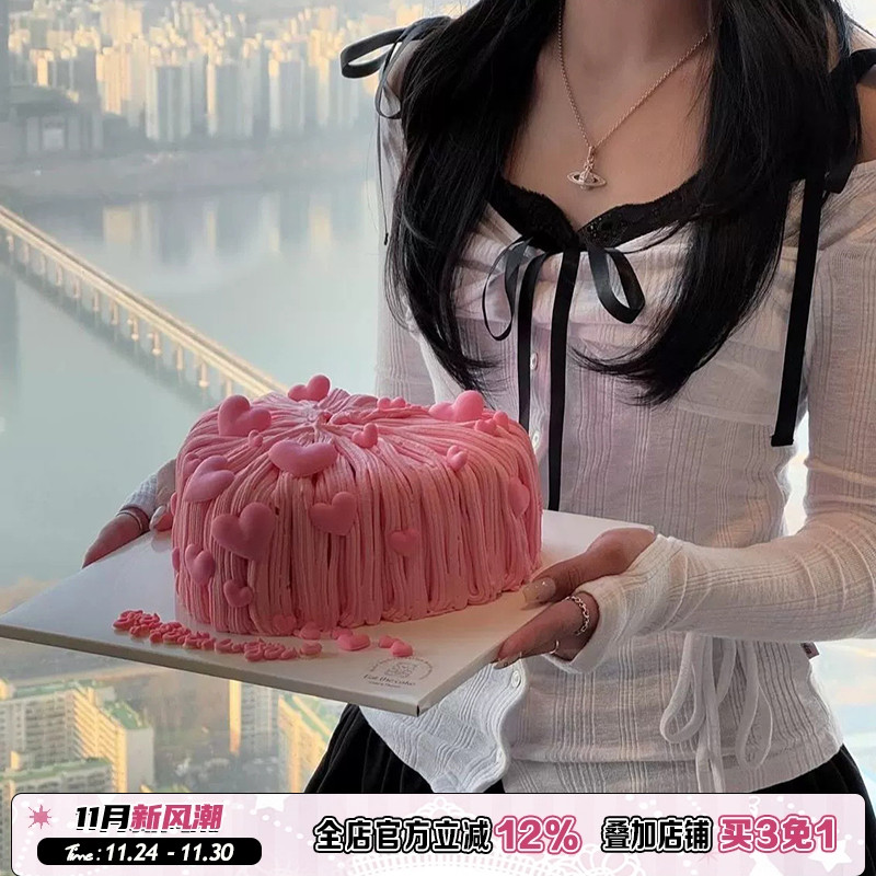 设计感蝴蝶结绑带假两件拼接T恤