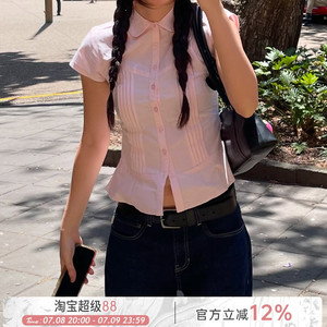 ROCKMORE【学院少女】粉色褶皱修身单排扣翻领衬衫简约风百搭上衣