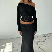 ROCKMORE 显瘦上衣 T恤黑色修身 ins辣妹 设计感蕾丝拼接斜肩长袖