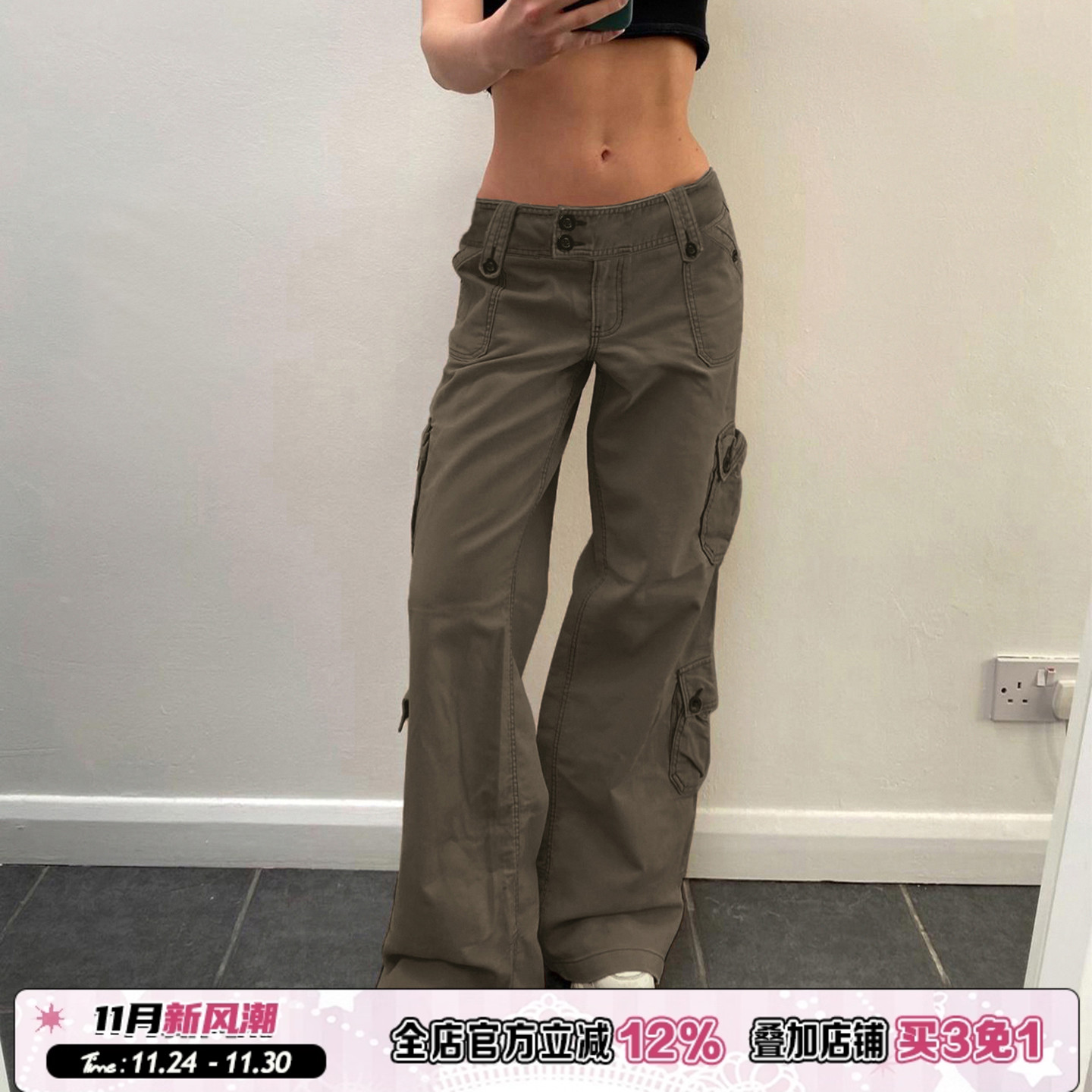 低腰美式复古做旧灰色休闲裤