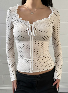 ROCKMORE【精致主义】木耳边系带波点长袖T恤 白色修身显瘦打底衫