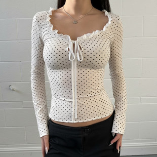 精致主义 显瘦打底衫 木耳边系带波点长袖 白色修身 T恤 ROCKMORE