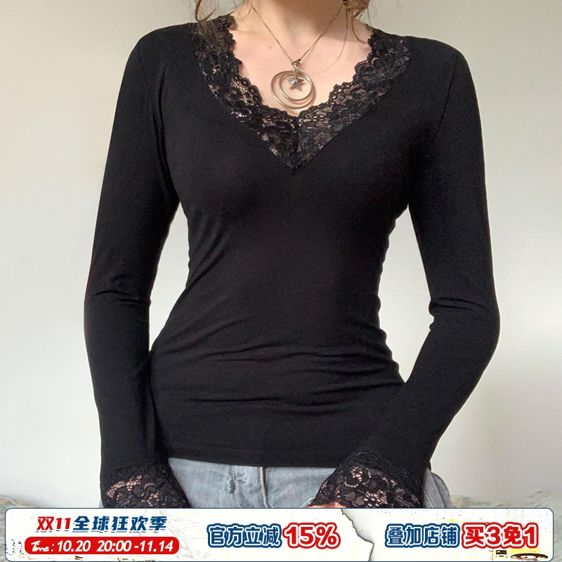 基础款V领蕾丝拼接打底上衣